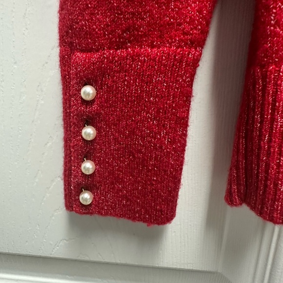 Loft red sweater with pearl buttons on cuffs - Picture 2 of 5